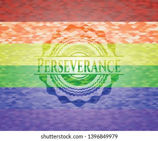 Perseverance emblem on mosaic background with the colors of the LGBT flag