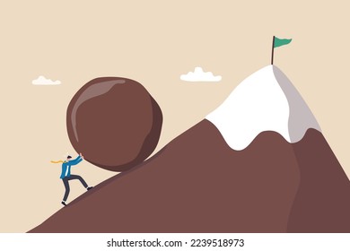 Perseverance, grit or persistence to push effort to success, resilience and strength to keep pushing and achieve goal and success concept, ambitious businessman pushing heavy boulder to mountain peak.