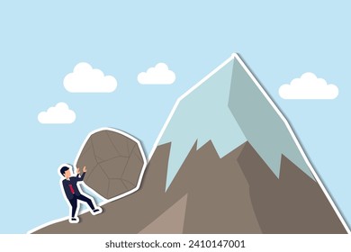 Perseverance, grit or persistence to push effort to success, resilience and strength to keep pushing and achieve goal and success concept, ambitious businessman pushing heavy boulder to mountain peak.