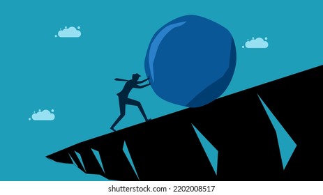 Perseverance and hard work. Businessman pushing a rock up a cliff