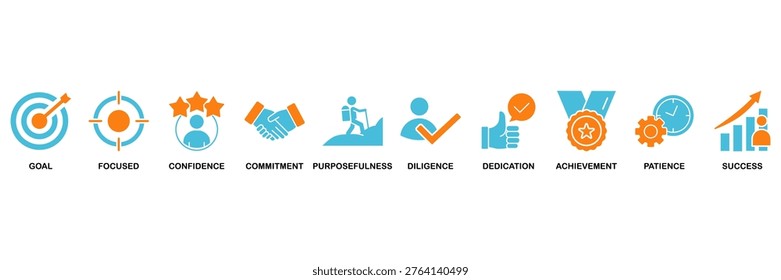 Perseverance icon set Aqua Orange Flat concept for goal, focused, confidence, commitment, purposefulness, diligence, dedication, achievement, patience and success