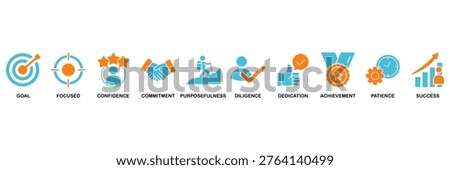 Perseverance icon set Aqua Orange Flat concept for goal, focused, confidence, commitment, purposefulness, diligence, dedication, achievement, patience and success