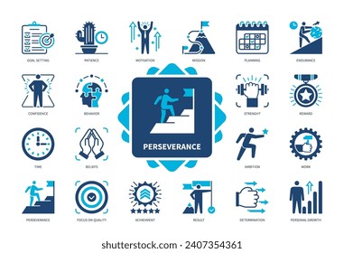 Perseverance icon set. Goal Setting, Planning, Focus on Target, Confidence, Patience, Endurance, Determination, Ambition. Duotone color solid icons