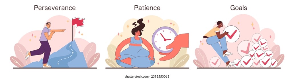 Perseverance, Patience, and Goals set. Captivating visuals of steadfast pursuit, tranquil timing, and goal achievement. Chronicles of resolve and serene endurance. Flat vector illustration.