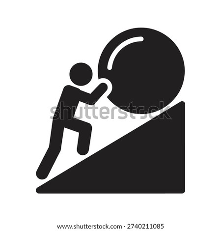 Perseverance struggle concept showing person pushing heavy ball up hill representing hard work challenge difficulty endless task