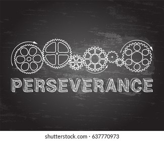 Perseverance text with gear wheels hand drawn on blackboard background
