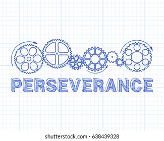 Perseverance text with gear wheels hand drawn on graph paper background