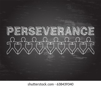 Perseverance text hand drawn with paper people on blackboard background
