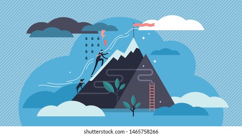 Perseverance vector illustration. Flat tiny motivational patience persons concept. Challenge to never give up for target, goal and growth. Abstract belief, effort and ambition character visualization.
