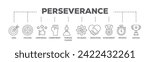 Perseverance web banner icon vector illustration concept consists of goal, focused, confidence, commitment, purposefulness, diligence, dedication, achievement icon live stroke and easy to edit