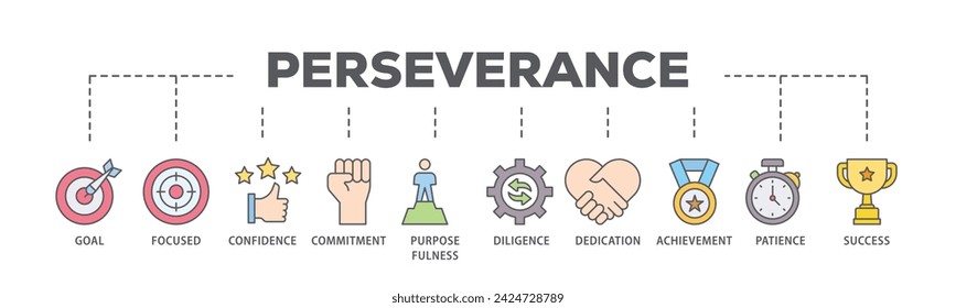 Perseverance web banner icon vector illustration concept consists of goal, focused, confidence, commitment, purposefulness, diligence, dedication, achievement icon live stroke and easy to edit