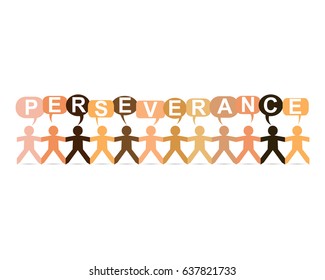 Perseverance word in speech bubbles with cut out paper people chain in different skin tone colors

