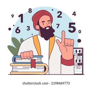 Los matemáticos persas y árabes inventaron la escritura numérica. Ibn Sina polimatemática con sistema de nueve glifos. Historia de la humanidad, concepto de estudio de la antropología. Ilustración vectorial plana