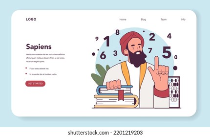 Persian and Arabic mathematicians invented numerals writing web banner or landing page. Polymath Ibn Sina with system of nine glypths. Humanity history, anthropology studying. Flat vector illustration