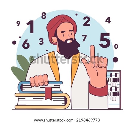 Persian and Arabic mathematicians invented numerals writing. Polymath Ibn Sina with system of nine glypths. Humanity history, anthropology studying concept. Flat vector illustration