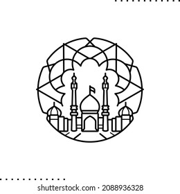 Persian Architecture, Mosque With Decorative Circular Background, Vector Outline Illustration Isolated On White