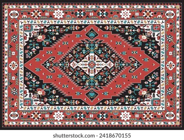 Persian carpet with geometric ornament. Red, black, beige and white colors. Vector illustration.