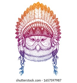 Persian cat. Animal. Vector portrait in traditional indian headdress with feathers. Tribal style illustration for little children clothes. Image for kids tee fashion, posters.