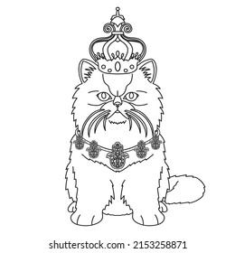 persian cat black and white line art with crown