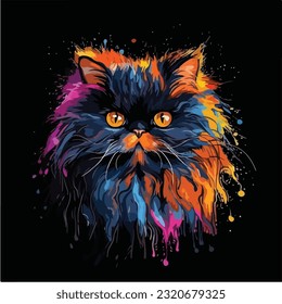Persian cat colorful splash art graphic black background