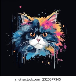 Persian cat colorful splash art graphic black background