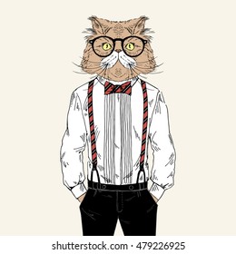 persian cat dressed up in classy style, anthropomorphic illustration, fashion animals