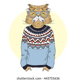 gatito persa vestido con pullover jacquard, ilustración de arte furtivo, animales de moda