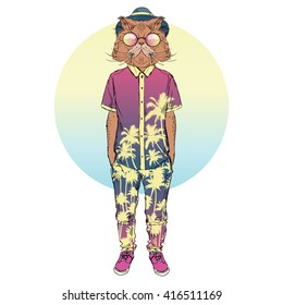 persian cat dressed up in summer suit, furry art illustration, fashion animals, hipster animals, summer illustration