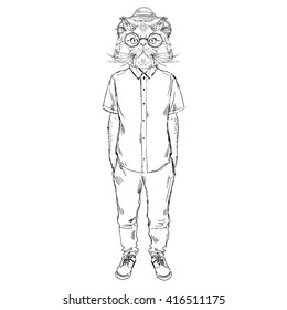 persian cat dressed up in summer suit, furry art illustration, fashion animals, hipster animals, summer illustration