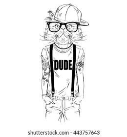 persian cat hipster with tattoo dressed up in cool t-shirt, furry art illustration, fashion animals