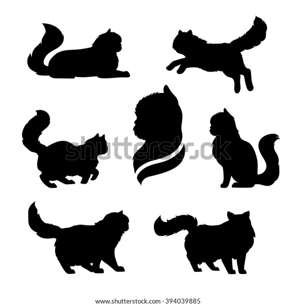 ペルシャ猫のアイコンとシルエット 飛び跳ねながら立ったまま横になって走る猫 白黒のベクター画像ペットのセット 動物の輪郭 タトゥーアート ふわふわした子猫 猫ポーズ のベクター画像素材 ロイヤリティフリー