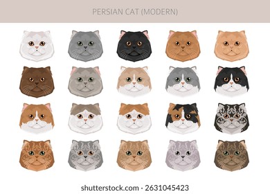 Persian Cat longhaired clipart. Modern type persian cat. All coat colors set.  All cat breeds characteristics infographic. Vector illustration