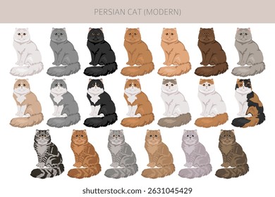 Persian Cat longhaired clipart. Modern type persian cat. All coat colors set.  All cat breeds characteristics infographic. Vector illustration