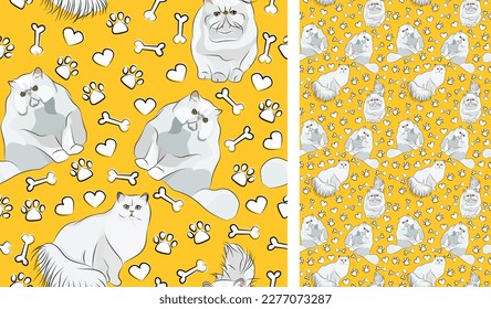 Persian cat on a playful yellow background with bones and paws. Funky, colorful vibe, vibrant palette. Simple, clean, modern texture. Summer seamless pattern with cats.Birthday present.Valentine, love