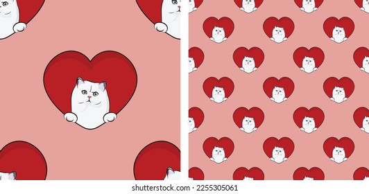 Persian cat with paws pattern, Valentine's day heart wallpaper. Love heart with pet head holiday texture. Cat face Holding Heart Cartoon square background. St Valentine's day present paper. Backdrop.