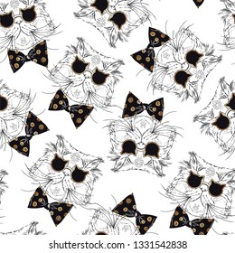 Persian Cat portraits heads in sunglasses and dotty bow seamless pattern. Vector hand drawn black gold and white graphics for textile or paper prints for cats lovers