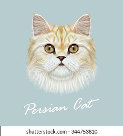 Persian cat purebred animal cute face. Vector funny white tabby vanilla cat head portrait. Realistic fur portrait of green eyes white Persian kitten isolated on blue background.