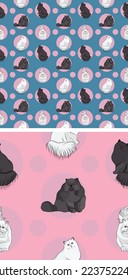 Persian cat seamless pattern, holiday texture. Square format. Pink, blue packaging, textile, fabric, decoration, wrapping paper.Trendy hand-drawn cat wallpaper. Holiday background with circles.