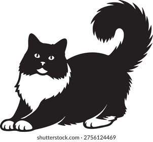 Persian cat silhouette lying down with bushy tail domestic pet illustration furry feline graphic isolated element