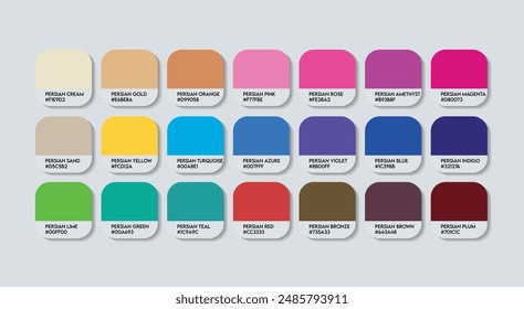 Persische Farbpalette, Persische Farbführungspalette mit Farbnamen. Katalog Bunte Tonbeispiele von Persisch mit RGB HEX-Codes und Namen. Creme und Kunststoff, Mode Trend Persische Farbpalette