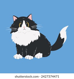 Persa lindo gato mullido blanco y negro está sentado pose. Ilustración aislada del vector.