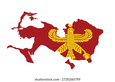 Persian empire map vector silhouette illustration isolated on background. Achaemenid Empire map territory shape shadow. Cyrus the Great. Persian empire flag with coat of arms. COA Persia.