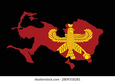 Persian empire map vector silhouette illustration isolated on background. Achaemenid Empire map territory shape shadow. Cyrus the Great. Persian empire flag with coat of arms. COA Persia.