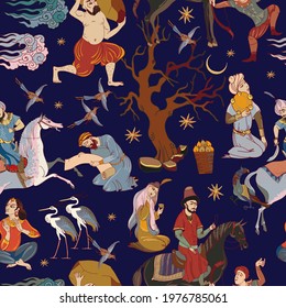 Persian frescoes. Medieval miniature. Mughal art. Horsemen and oasis. Travel of heroes. Ancient civilization murals. Seamless pattern. Ottoman Empire. Fairy tales and legends of the Middle East 