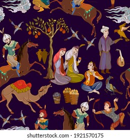 Persian frescoes. Travel of heroes. Ancient civilization murals. Seamless pattern. Ottoman Empire. Fairy tales and legends of the Middle East. Medieval miniature. Mughal art. Horsemen and oasis 