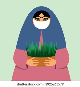 Persian girl in mask and hijab, holding grass, symbol of Iranian new year. Solar new year celebration during a pandemic