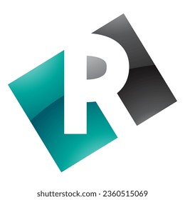 Persian Green and Black Glossy Rectangle Shaped Letter R Icon on a White Background