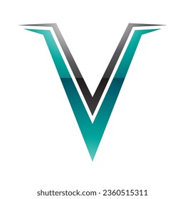 Persian Green and Black Glossy Spiky Shaped Letter V Icon on a White Background