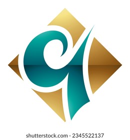 Persian Green and Gold Glossy Diamond Shaped Letter Q Icon on a White Background
