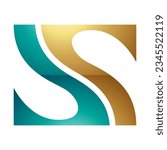 Persian Green and Gold Glossy Fish Fin Shaped Letter S Icon on a White Background